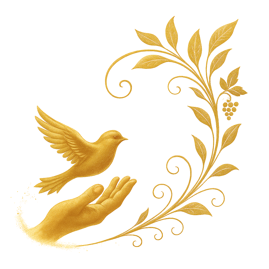 A golden hand releasing a bird among swirling vines